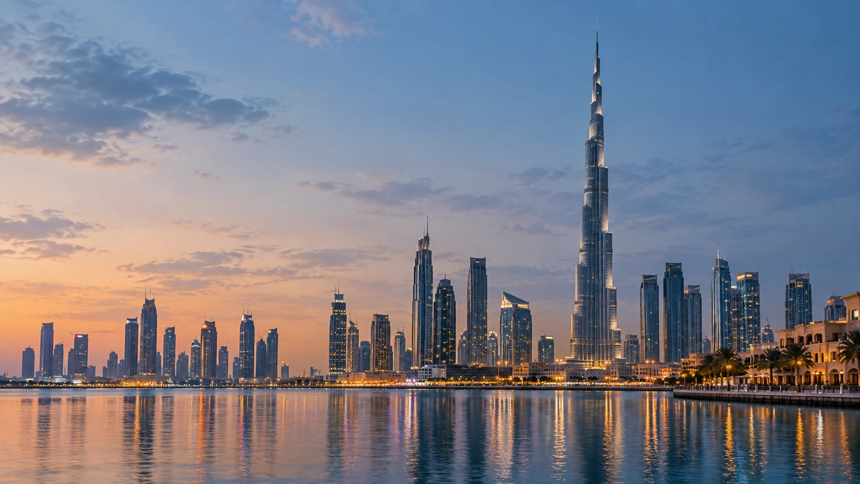 Dubai skyline and Burj Khalifa at sunset