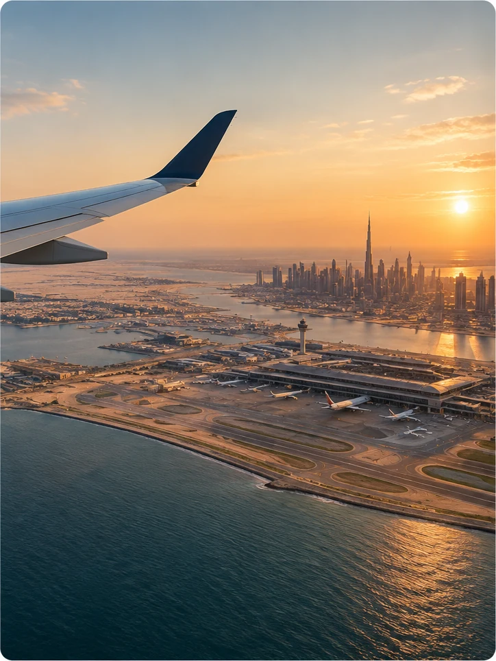 Airplane wing over a coastal city at sunset