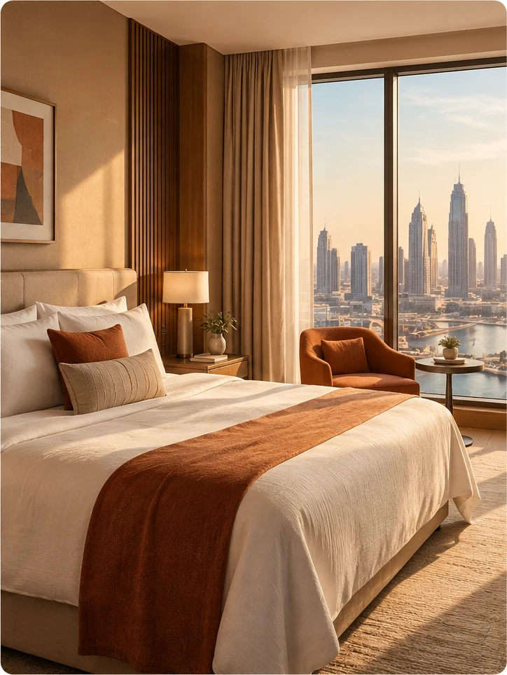 Warm modern hotel room overlooking a city skyline